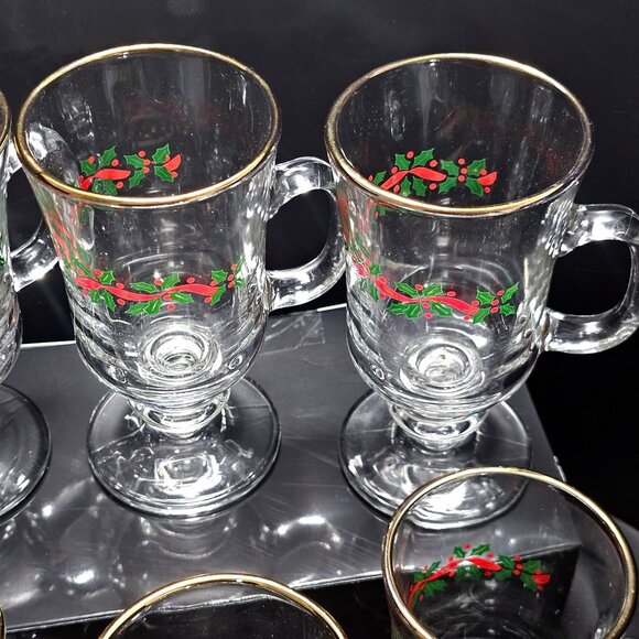 6 Libbey Holly Ribbons Irish Coffee Glasses 5.5" Christmas latte hot cocoa vtg - Picture 3 of 10